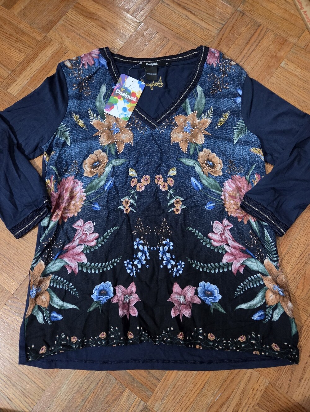 Desigual Navy Multicolor Floral V-Neck Long Sleeve Top